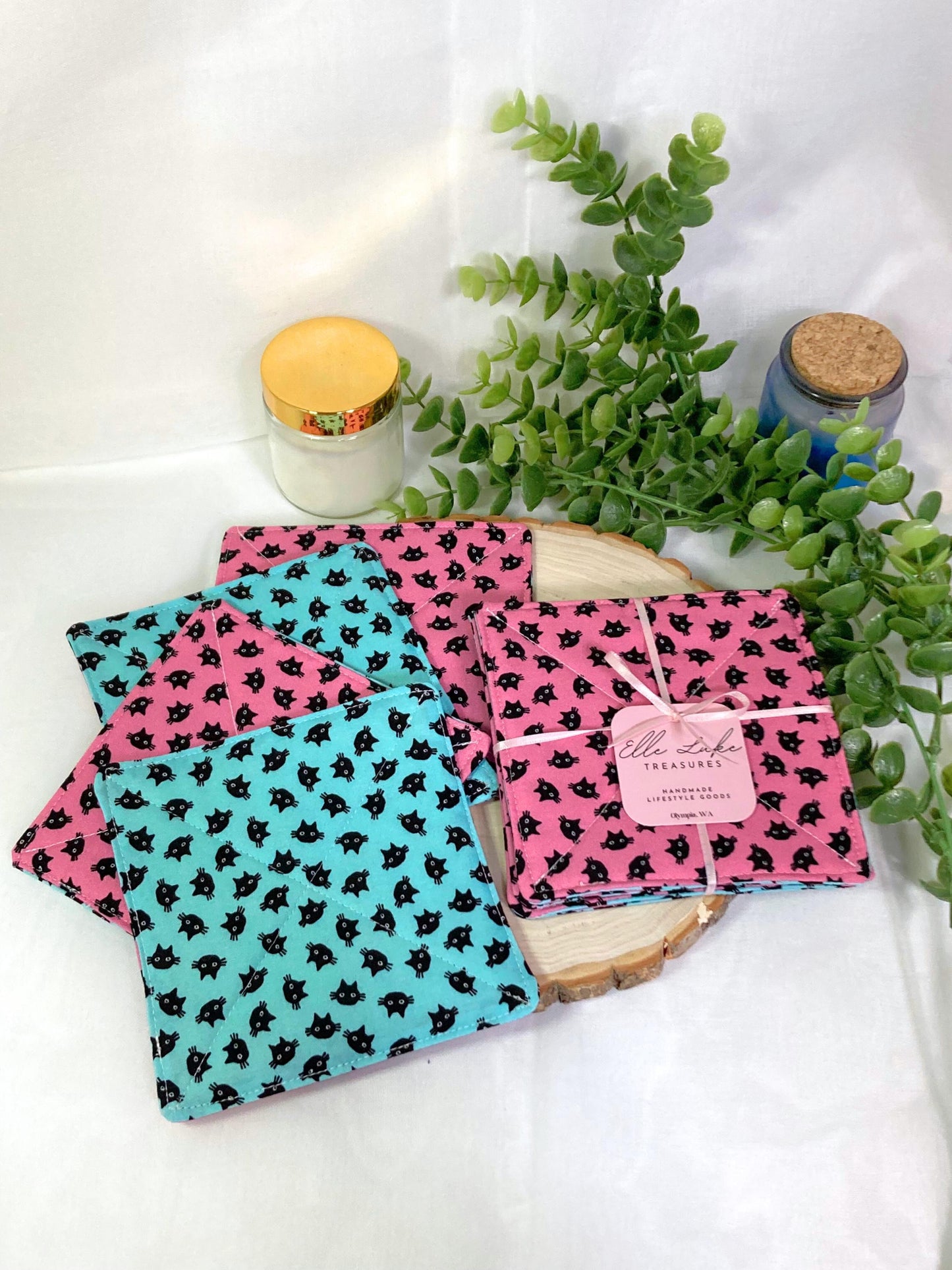 Kitty Cat Fabric Coasters | Set of 4 | Cutesy Sustainable Cotton Home Decor | Tea Coffee Gift Doublesided