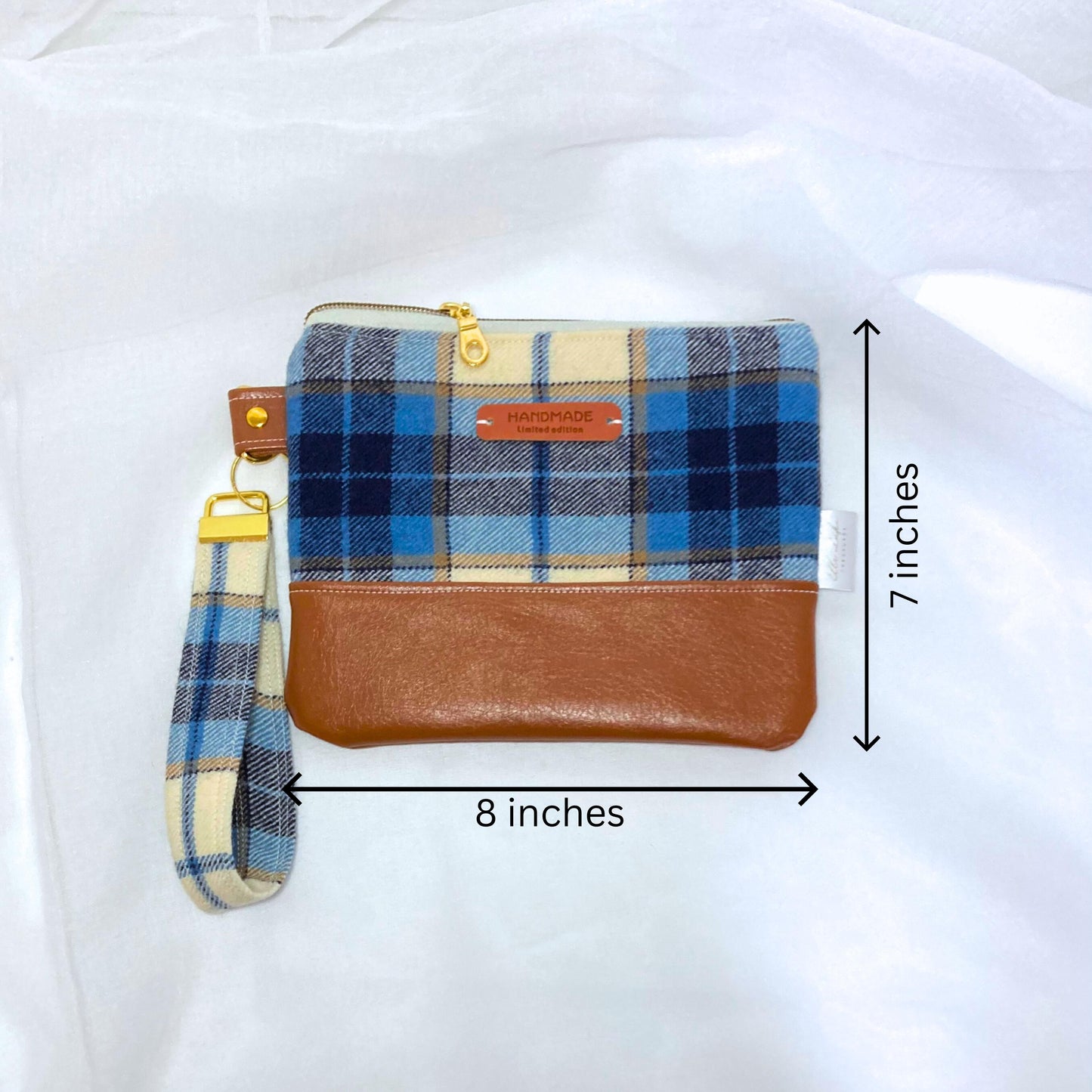 Plaid Wool Wristlet Purse | Tweed Woven | Blue Camel Brown Vegan Leather Vinyl Wristlet | Grab n Go Clutch Bag