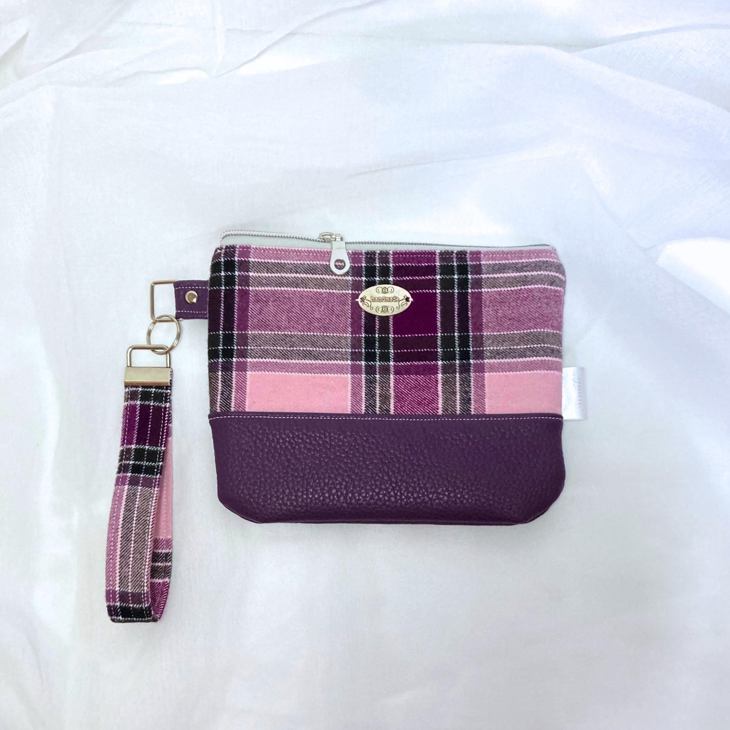 Plaid Wool Wristlet Purse | Tweed Woven | Purple Vegan Leather Vinyl Wristlet | Grab n Go Clutch Bag