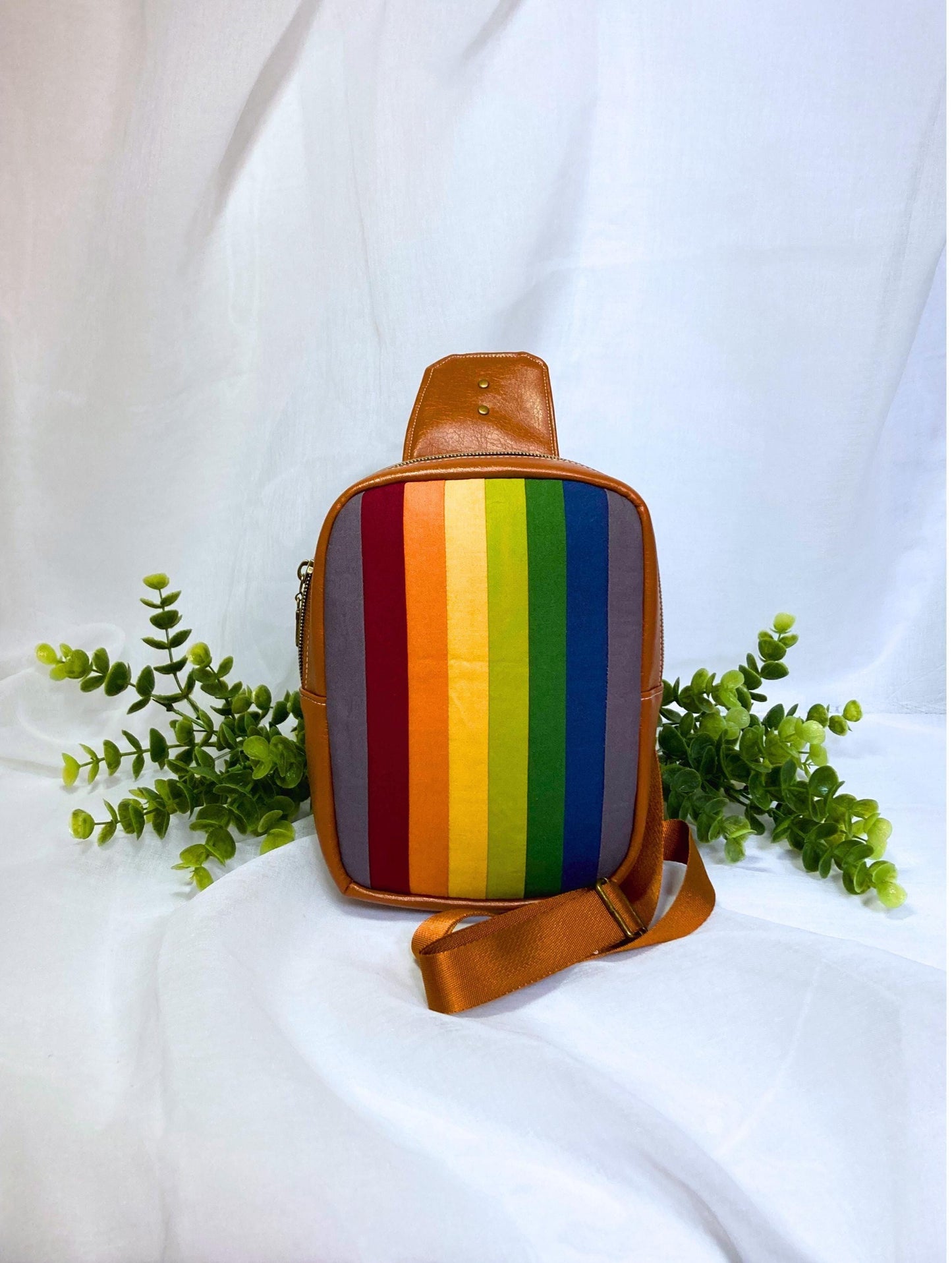 Retro Rainbow Sling Backpack | Camel Brown Faux Leather | Adjustable Strap Bag Purse
