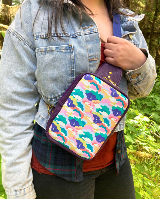 Mystical Space Sling Backpack | Purple Faux Leather | Adjustable Strap Bag Purse | Whimsical Crossbody Shoulder Travel Bag