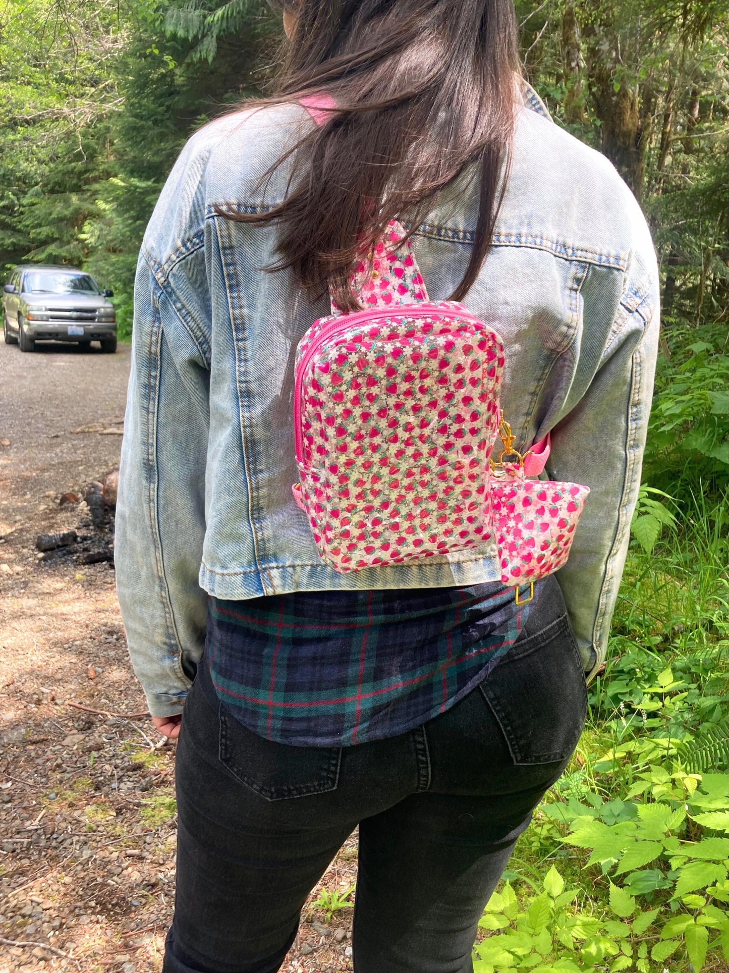 Transparent Berry Sling Backpack | Clear Adjustable Strap Bag Purse & Coin Pouch | Back to School Festival Rave Park Arena Concert Sports