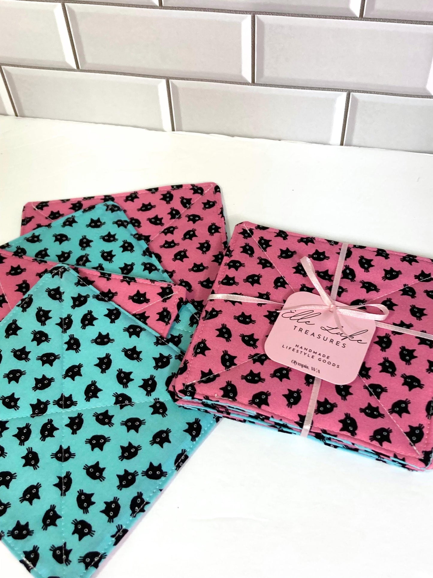 Kitty Cat Fabric Coasters | Set of 4 | Cutesy Sustainable Cotton Home Decor | Tea Coffee Gift Doublesided