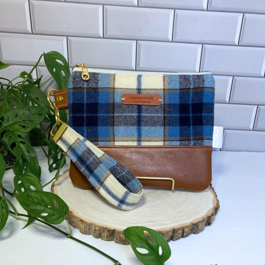 Plaid Wool Wristlet Purse | Tweed Woven | Blue Camel Brown Vegan Leather Vinyl Wristlet | Grab n Go Clutch Bag
