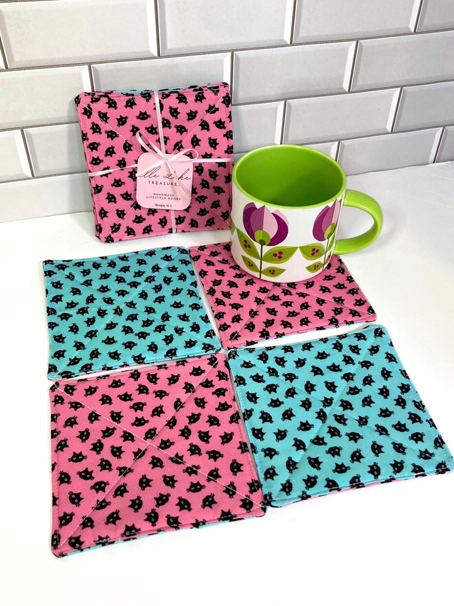 Kitty Cat Fabric Coasters | Set of 4 | Cutesy Sustainable Cotton Home Decor | Tea Coffee Gift Doublesided