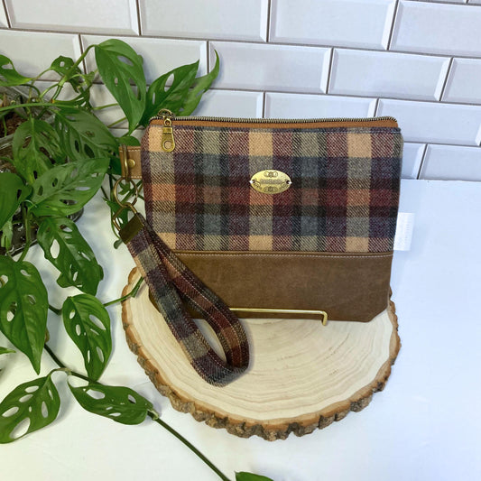 Plaid Wool Wristlet Purse | Tweed Woven | Purple Brown Vegan Leather Vinyl Wristlet | Grab n Go Clutch Bag