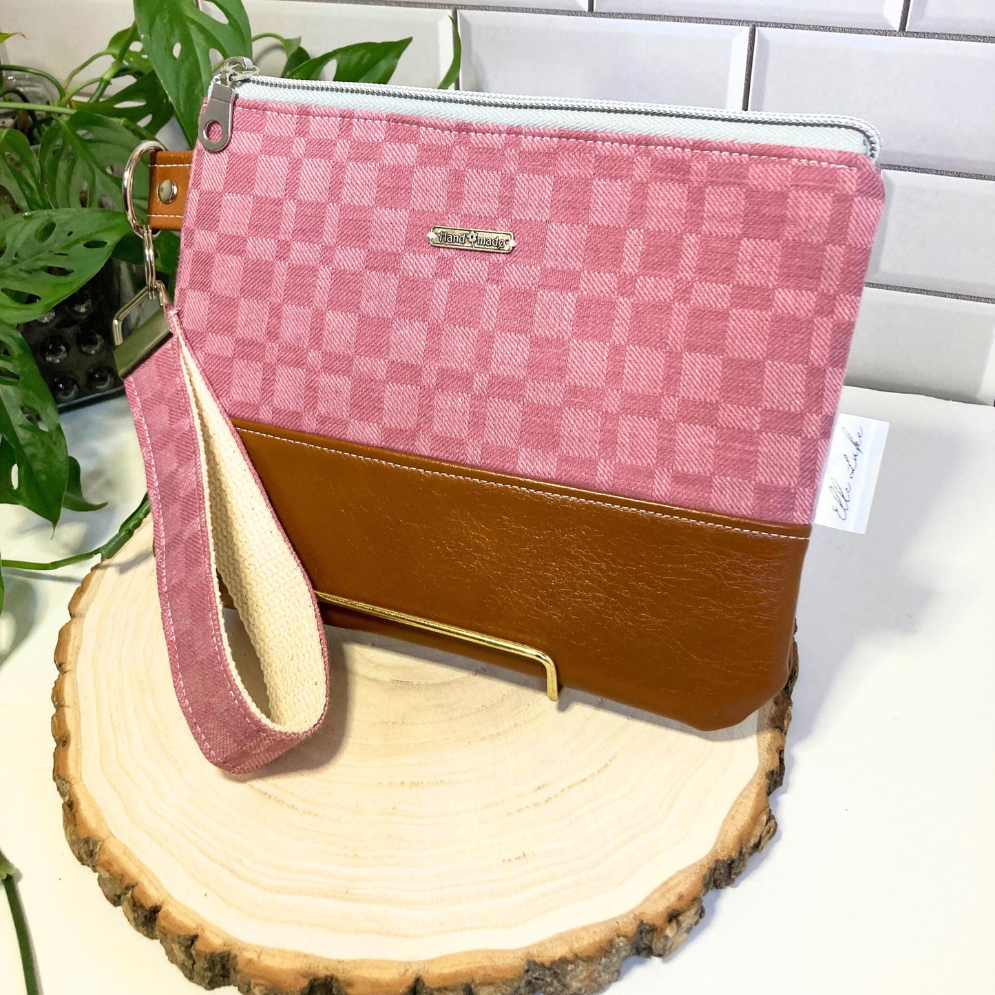 Woven Jacquard Cotton Wristlet Purse | Textured Textile | Pink Camel Vegan Leather Vinyl Wristlet | Grab n Go Clutch Bag