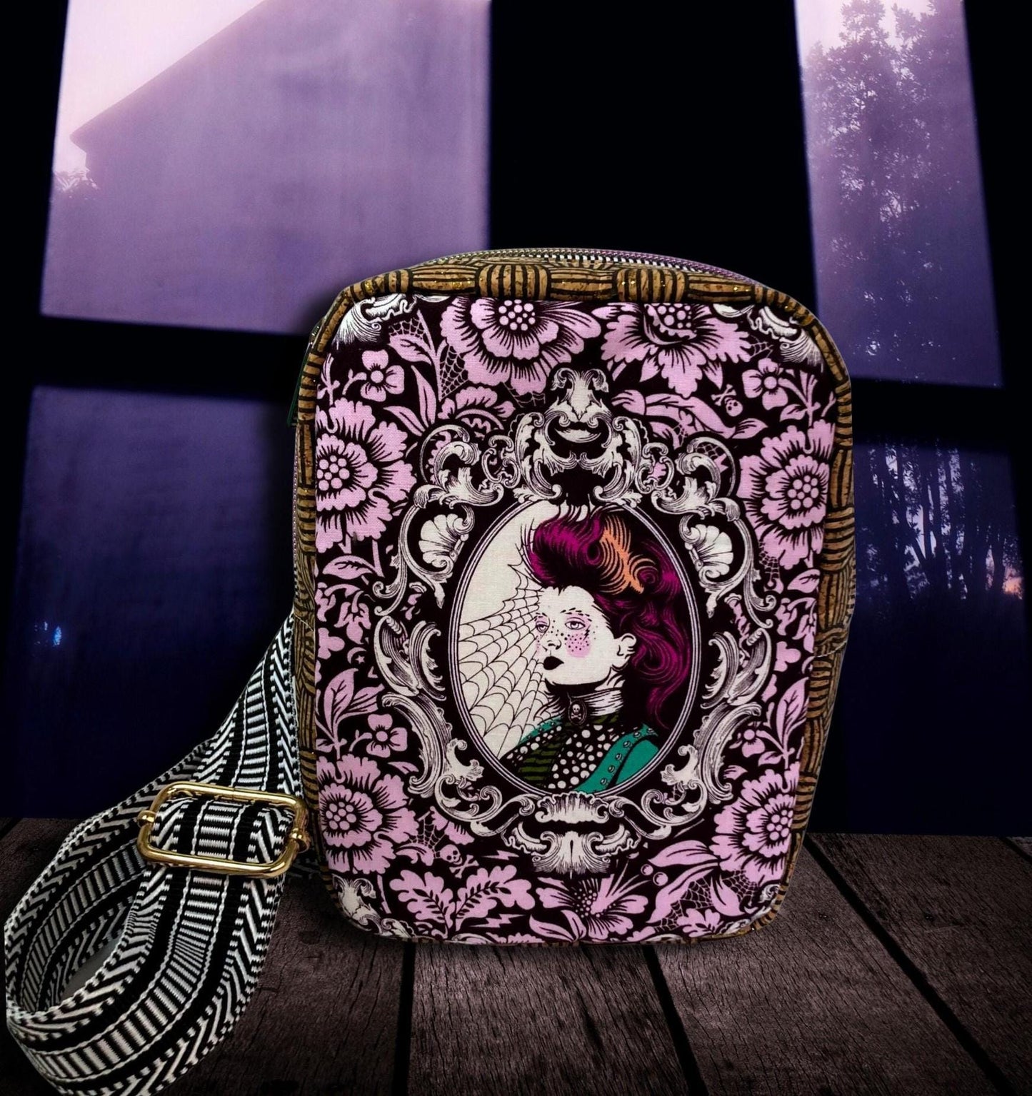 Mini Sling Backpack | Tula Pink Nightshade | Adjustable Strap Bag Purse | Back to School Festival Rave Theme Park Travel | Witchy Punk Goth