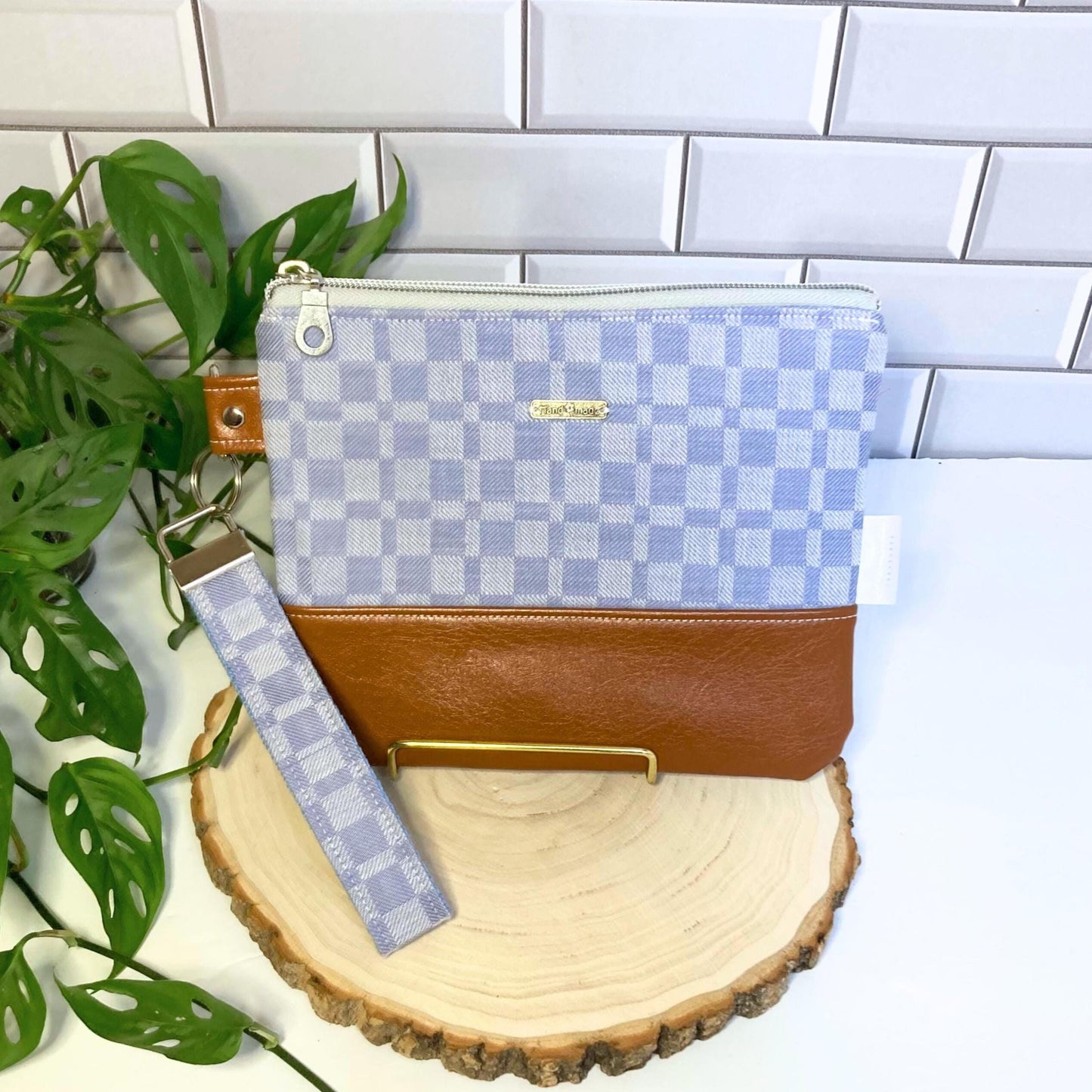 Woven Jacquard Cotton Wristlet Purse | Textured Textile | Blue Camel Vegan Leather Vinyl Wristlet | Grab n Go Clutch Bag