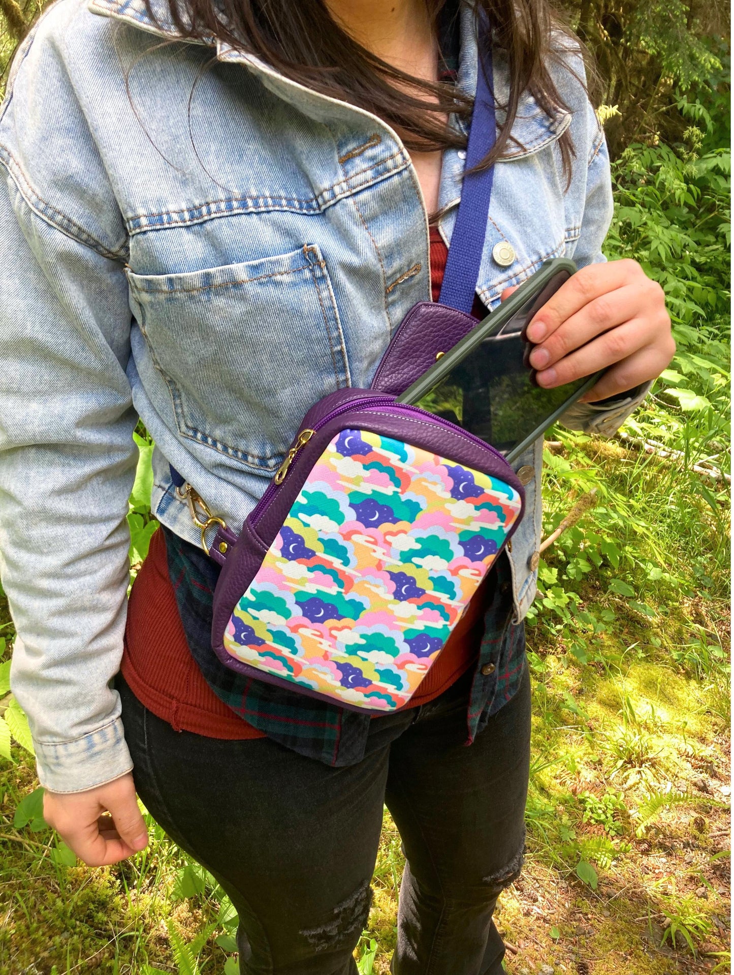 Mystical Space Sling Backpack | Purple Faux Leather | Adjustable Strap Bag Purse | Whimsical Crossbody Shoulder Travel Bag