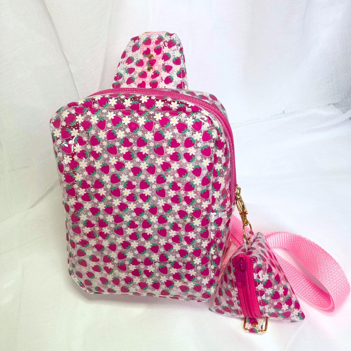 Transparent Berry Sling Backpack | Clear Adjustable Strap Bag Purse & Coin Pouch | Back to School Festival Rave Park Arena Concert Sports