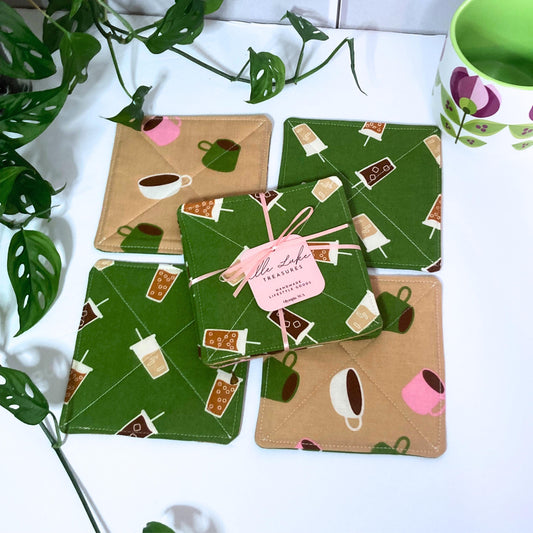 Boba Espresso Fabric Coasters | Set of 4 | Sustainable Cotton Home Decor | Bubble Tea Coffee Gift