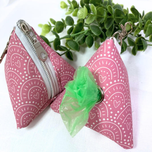 Dog Waste Bag Dispenser | Pink Hearts | Pet Training Dog Poop | Triangle Tetrahedron Keychain Zipper | Canine Care