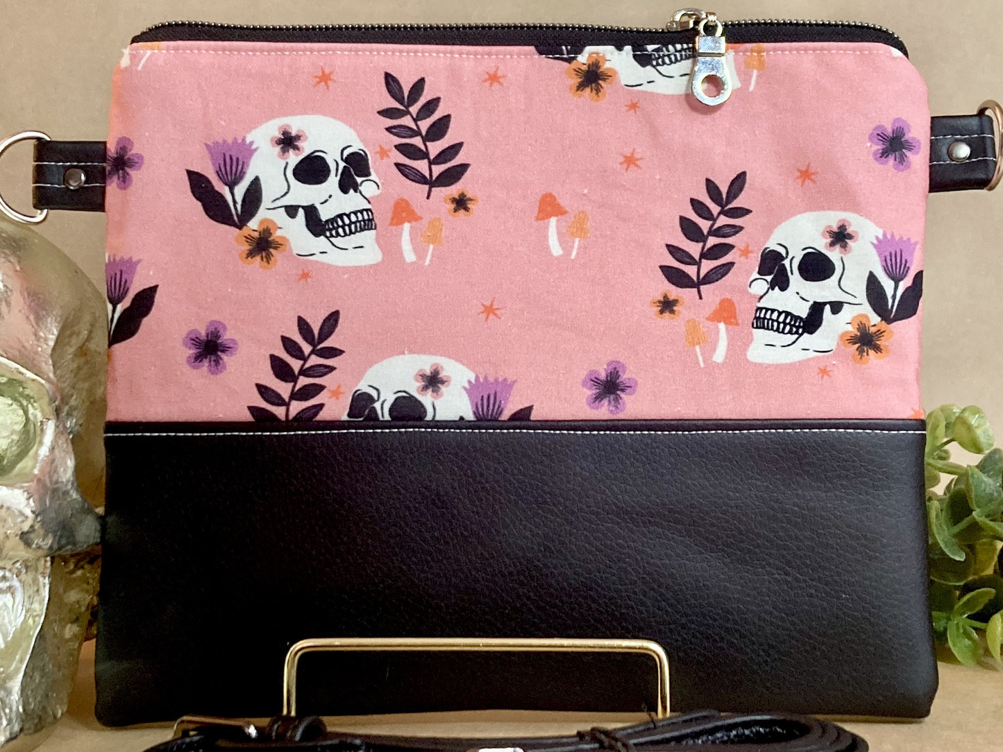Pink Skulls and Mushrooms Crossbody Purse | Black Vegan Faux Leather