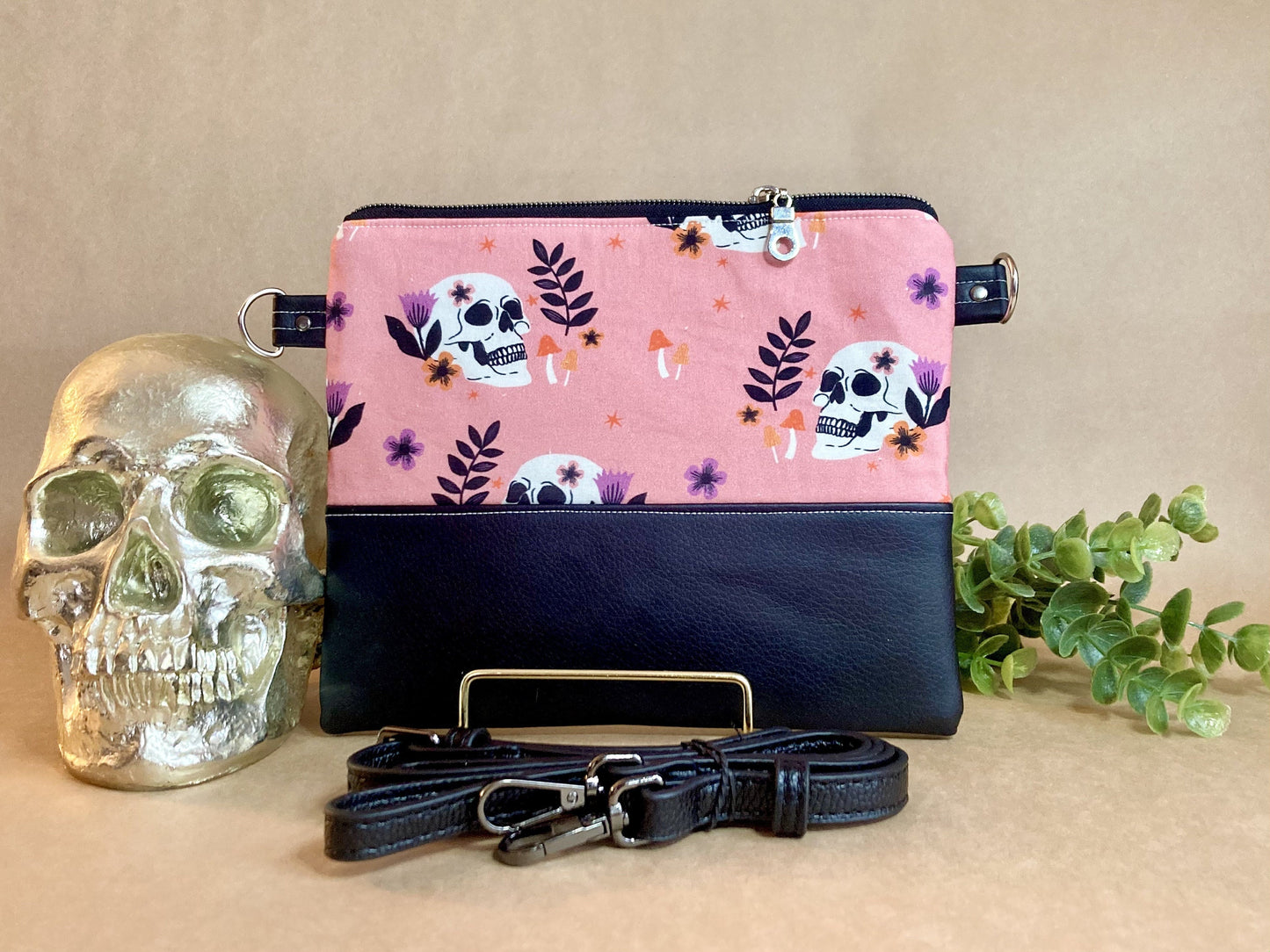 Pink Skulls and Mushrooms Crossbody Purse | Black Vegan Faux Leather