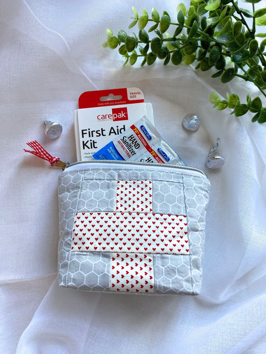 First-Aid Bag Red Patchwork Cross Quilted Pouch | Includes Hardcase Mini First-Aid Kit | Care Pack Back to School Med Kit