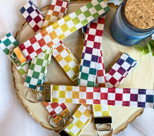 Rainbow Checkered KeyFob | Lanyard Keychain Wristlet | Wrist Strap Gift