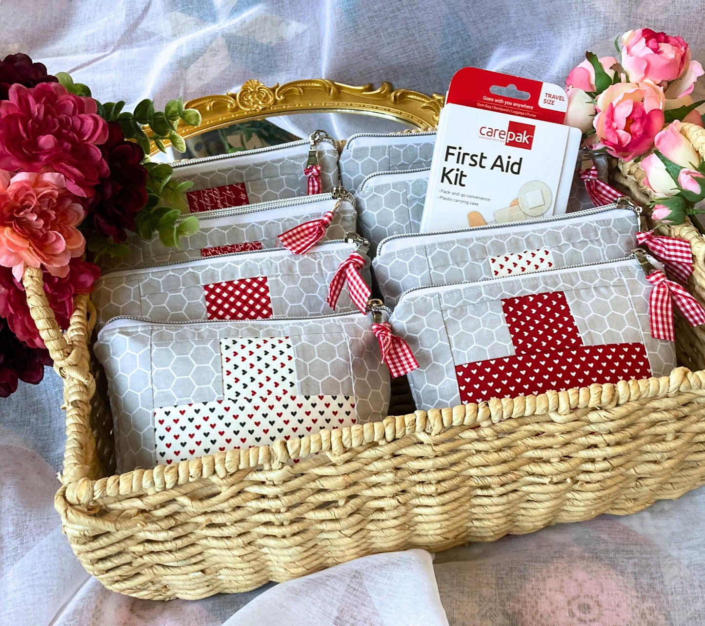 First-Aid Bag Red Patchwork Cross Quilted Pouch | Includes Hardcase Mini First-Aid Kit | Care Pack Back to School Med Kit