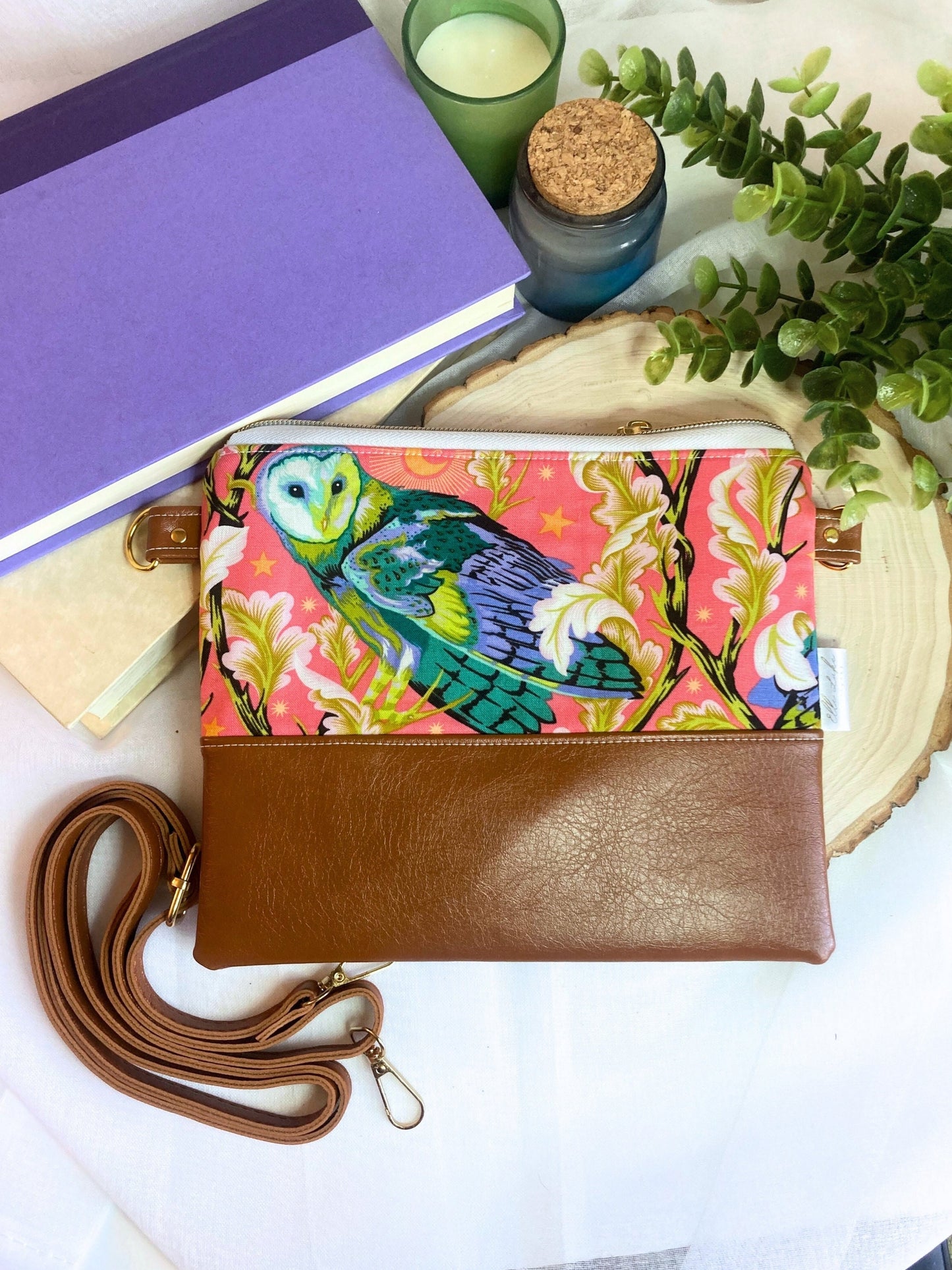 Tula Pink Barn Owl Crossbody Purse | Brown Vegan Faux Leather