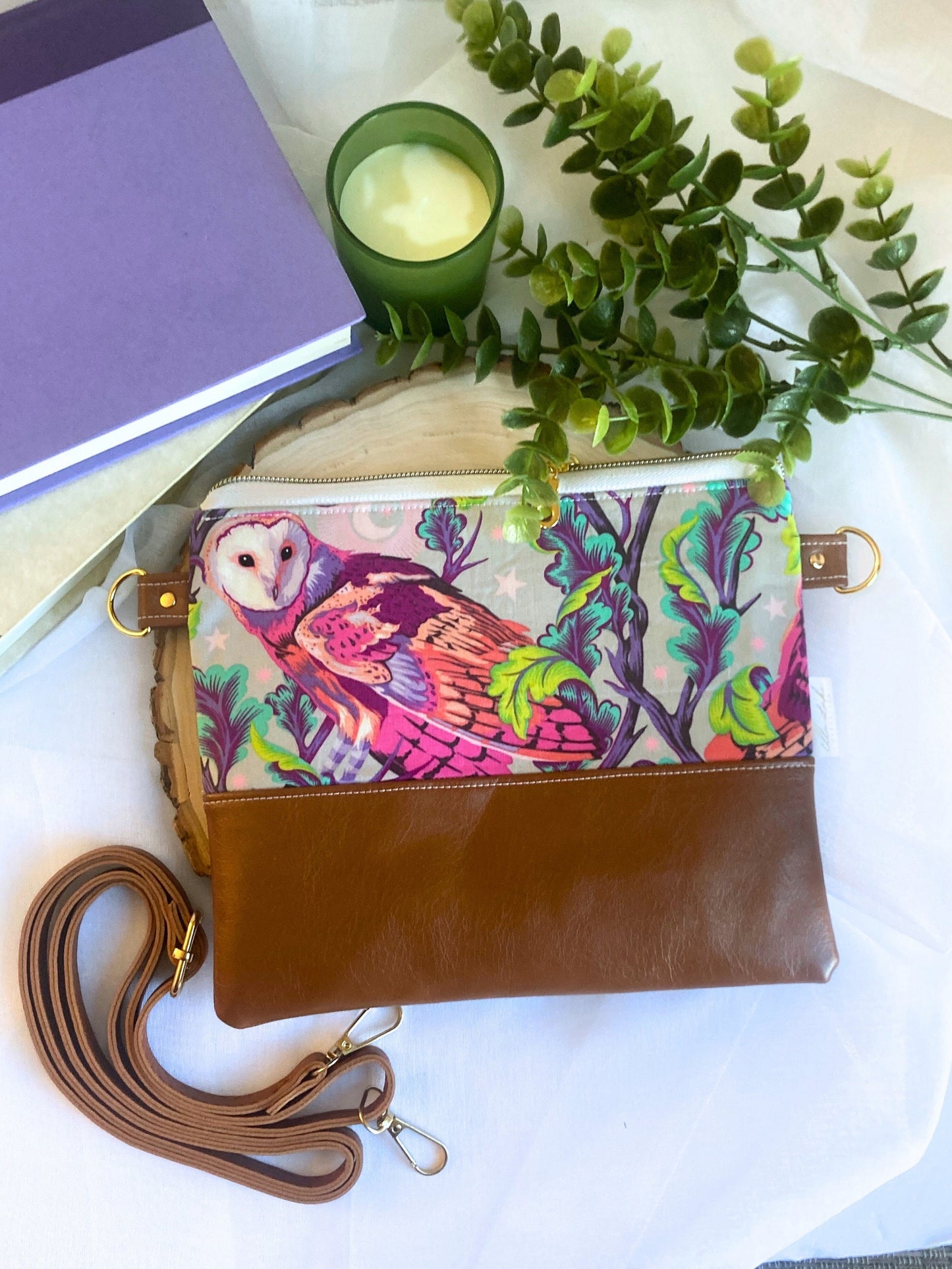 Tula Pink Barn Owl Crossbody Purse | Brown Vegan Faux Leather
