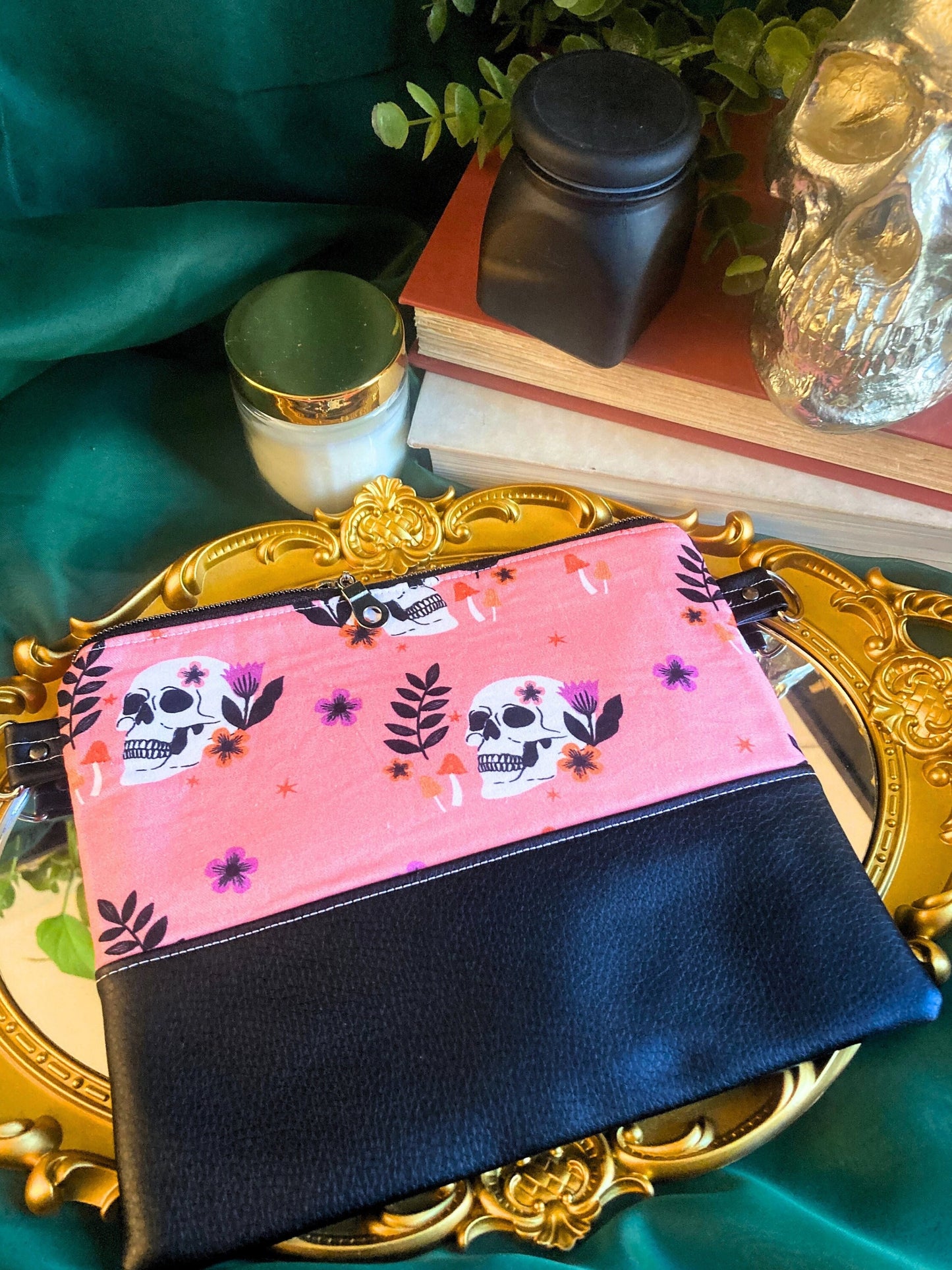 Pink Skulls and Mushrooms Crossbody Purse | Black Vegan Faux Leather
