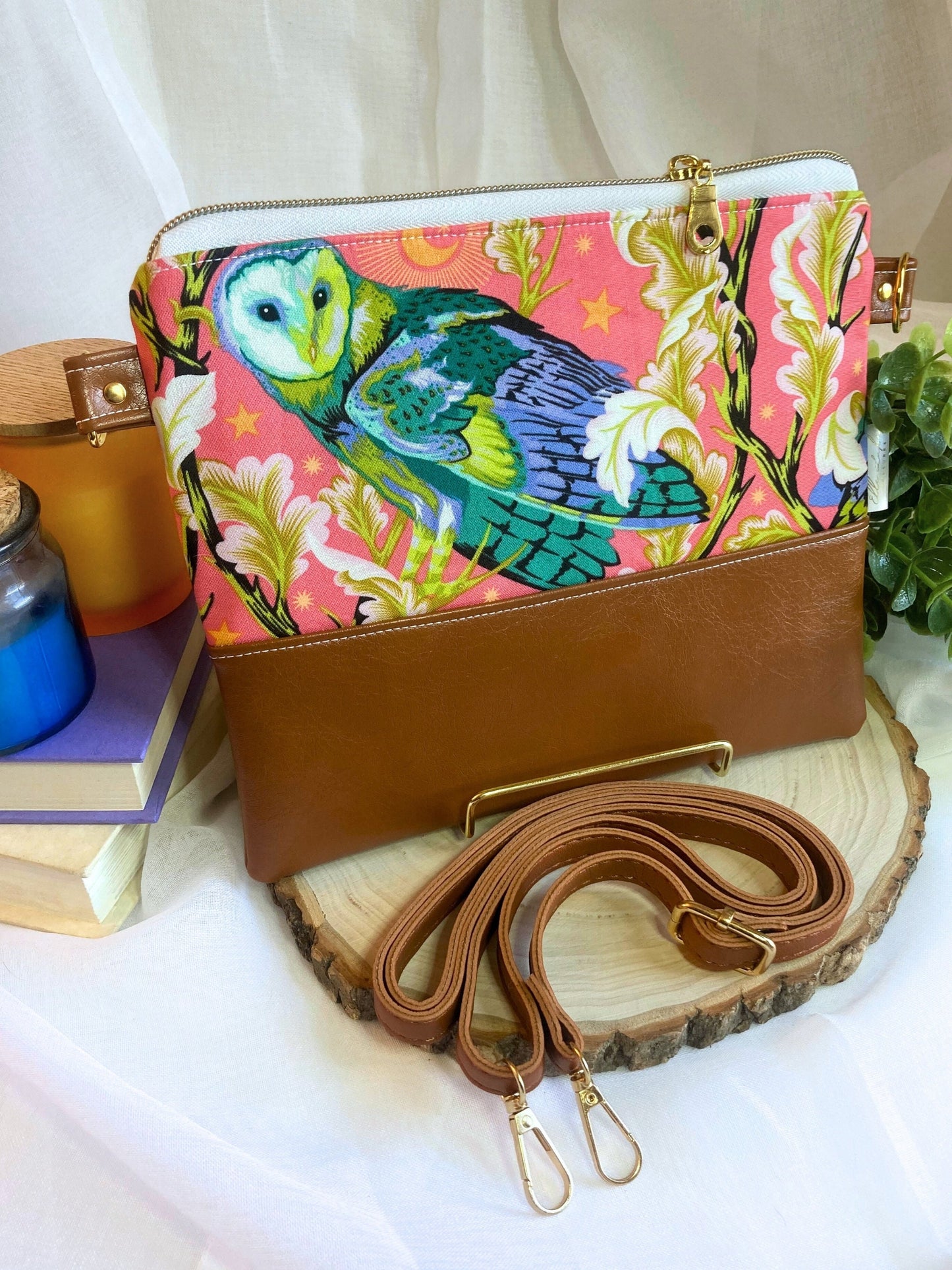 Tula Pink Barn Owl Crossbody Purse | Brown Vegan Faux Leather