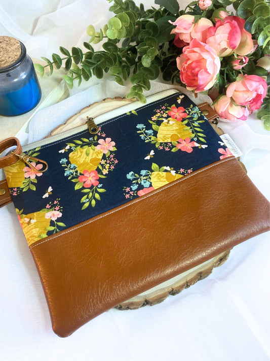 Honeybee Bee Floral Crossbody Purse | Brown Vegan Faux Leather