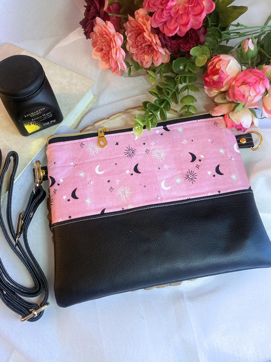 Witchy Pink Moon and Stars Crossbody Purse | Black Pink Vegan Faux Leather