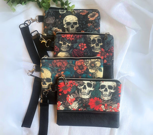 Floral Skull Wristlet Purse | Black Vinyl Vegan Leather | Grab n Go Clutch Bag