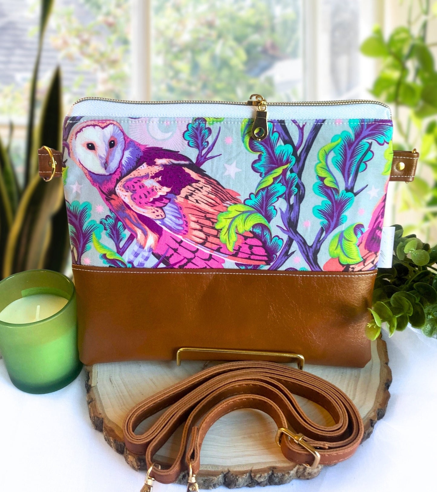 Tula Pink Barn Owl Crossbody Purse | Brown Vegan Faux Leather