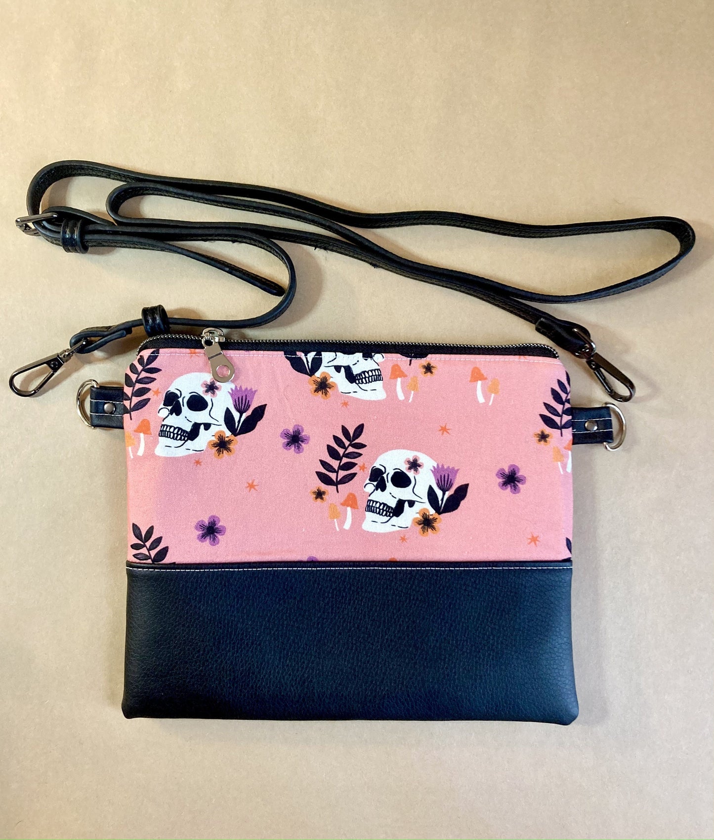 Pink Skulls and Mushrooms Crossbody Purse | Black Vegan Faux Leather