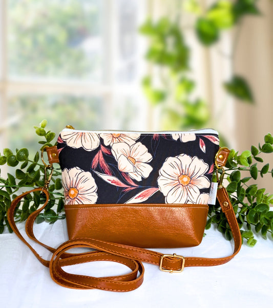 Big Blossom Floral Crossbody Purse | Brown Vegan Faux Leather