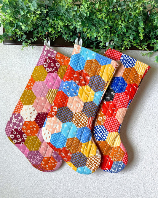 Ruby Star Society Retro Hexagon Print Quilted Traditional Christmas Stocking Bag | Vintage Inspired | Cotton Handmade, Unique & One of Kind