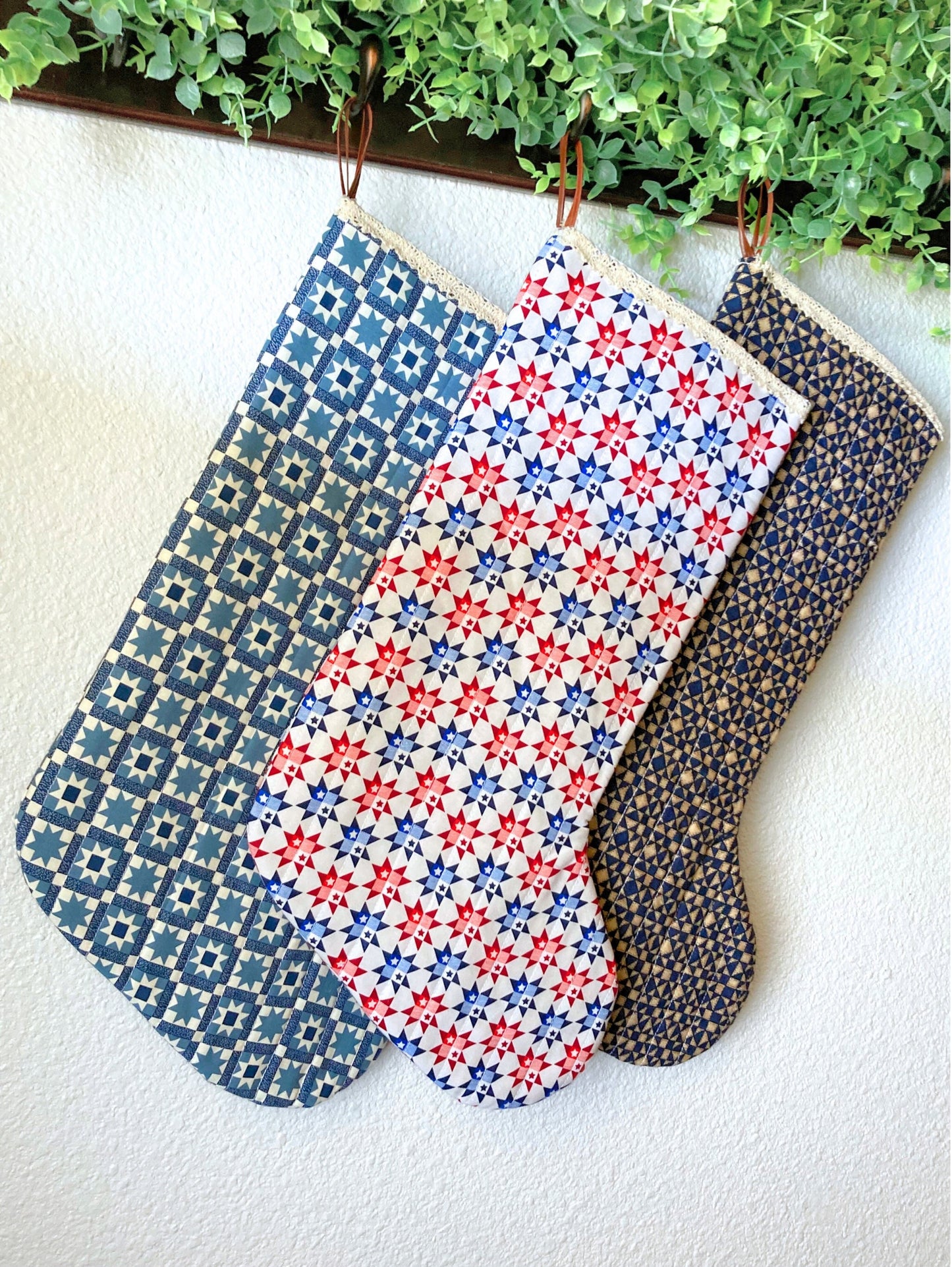 Rustic Stars Quilted Christmas Stocking | Cotton Traditional Wholecloth Quilted Stocking Bag | Modern Farmhouse | Handmade, High Quality