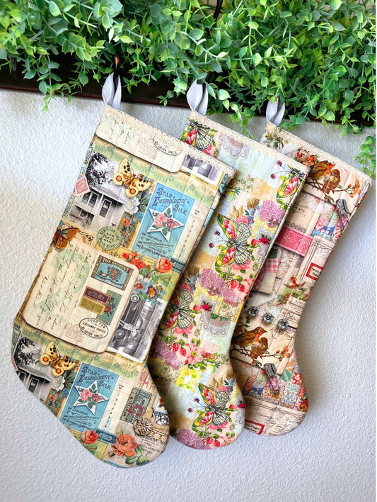 Rustic Quilted Christmas Stocking | Cotton Traditional Quilted Stocking Bag | Modern Wholecloth Cottagecore | Handmade, Unique & One of Kind