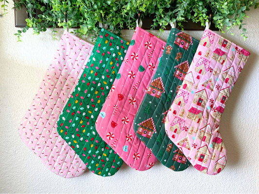Sparkle Pastel Candy Pink Christmas Stocking | Cotton Quilted | Gingerbread Peppermint Santa  | Handmade, Unique & One of Kind Pinkmas