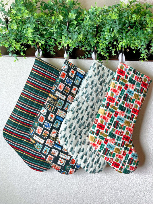 Rifle Paper Co. Christmas Stocking | Cotton Traditional Quilted Stocking Bag | Gold Silver Accent | Handmade Gift, Unique & One of Kind