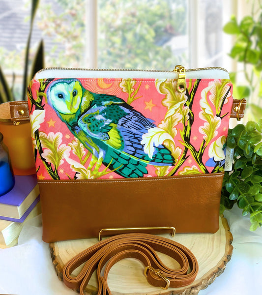 Tula Pink Barn Owl Crossbody Purse | Brown Vegan Faux Leather