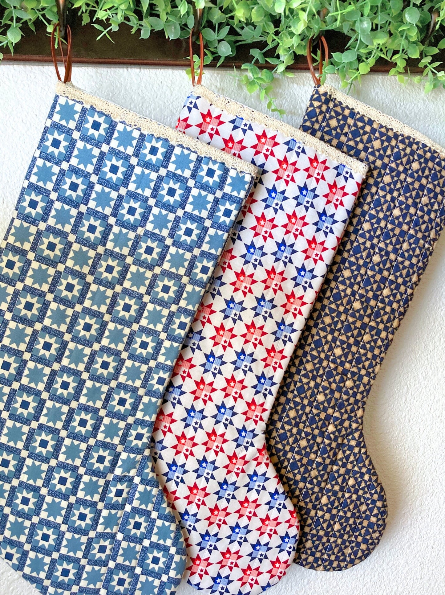 Rustic Stars Quilted Christmas Stocking | Cotton Traditional Wholecloth Quilted Stocking Bag | Modern Farmhouse | Handmade, High Quality