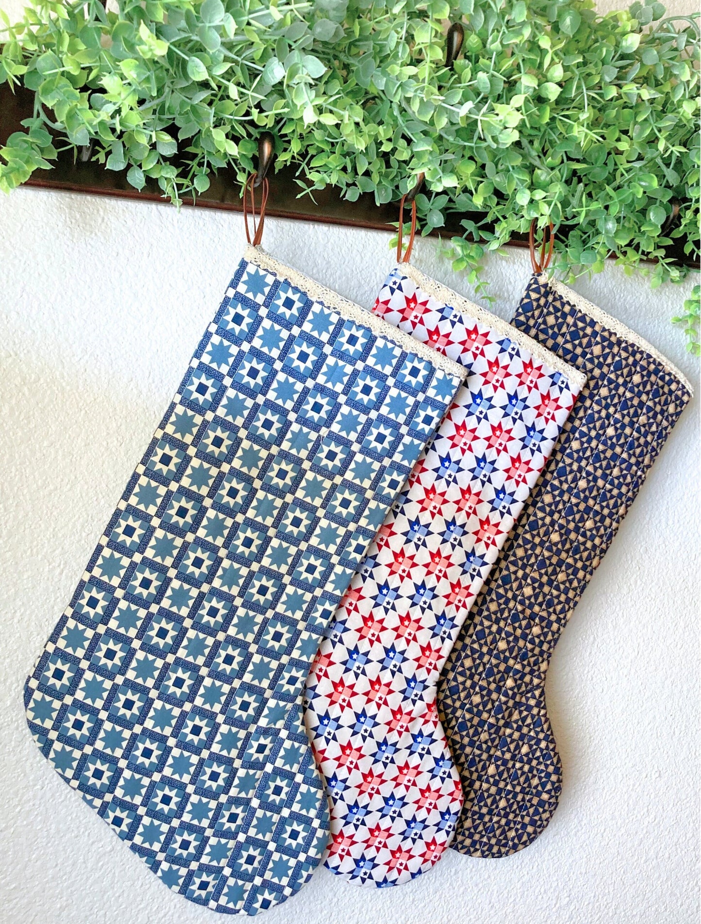 Rustic Stars Quilted Christmas Stocking | Cotton Traditional Wholecloth Quilted Stocking Bag | Modern Farmhouse | Handmade, High Quality