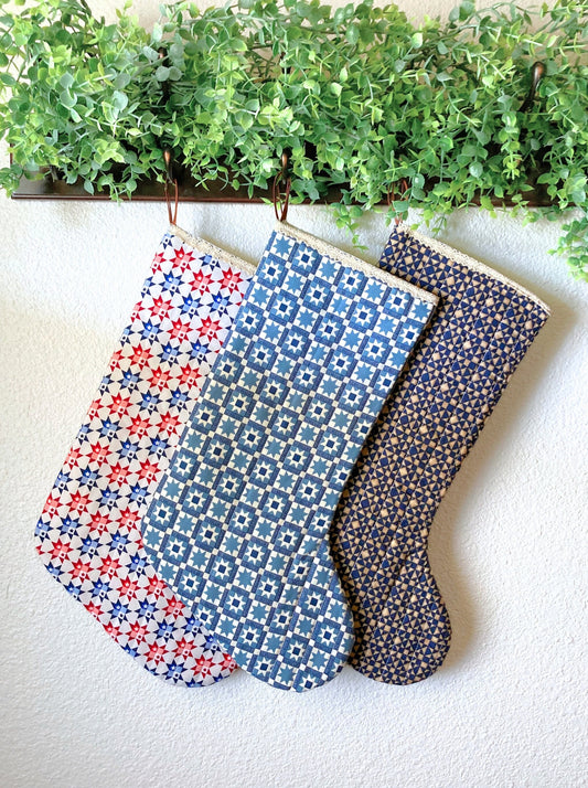 Rustic Stars Quilted Christmas Stocking | Cotton Traditional Wholecloth Quilted Stocking Bag | Modern Farmhouse | Handmade, High Quality