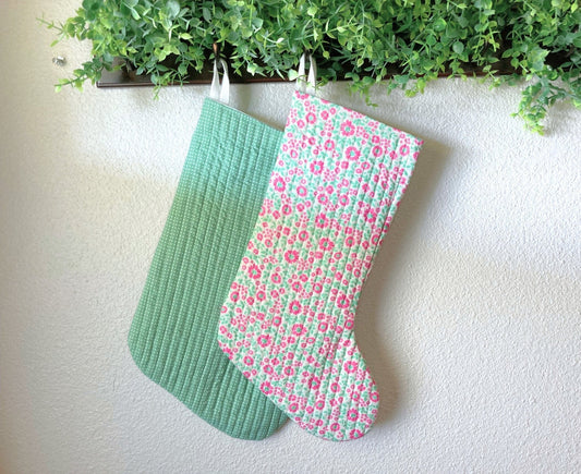 Pastel Pink Green Mint Christmas Stocking | Cotton Quilted | His & Hers Christmas Gift | Handmade | New Couples Candy Pink Minty Green
