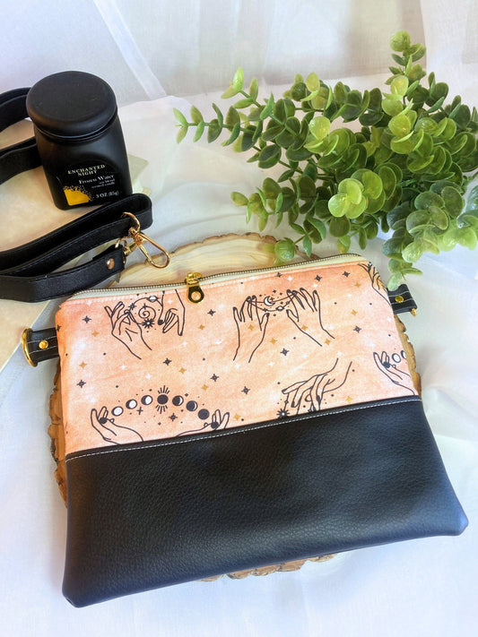 Witchy Peachy Moon and Stars Crossbody Purse | Black Vegan Faux Leather