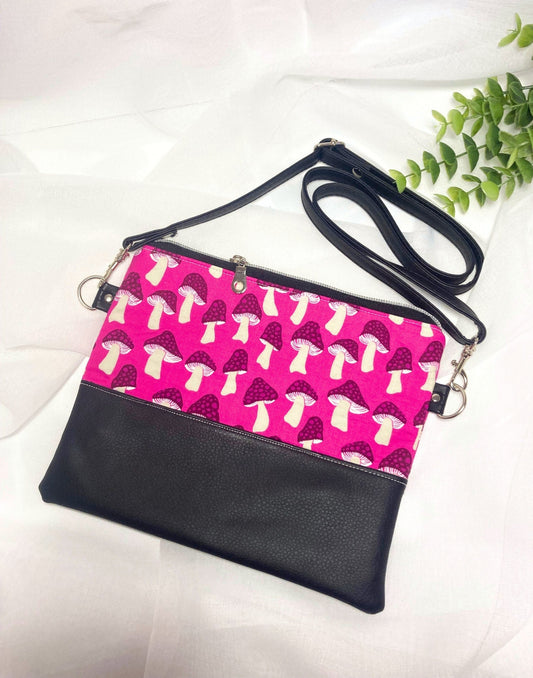 Pink Mushrooms Purse | Black Vegan Faux Leather