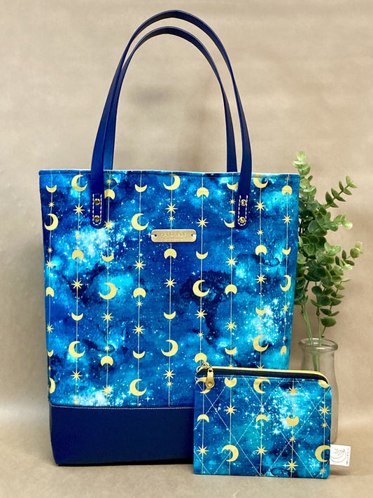 Galactic Blue Celestial Quilted Tote Bag, Vegan Leather Vinyl, Blue and Gold