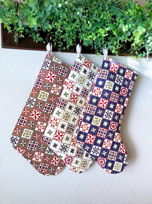 Rustic Quilted Christmas Stocking | Cotton Traditional Quilted Stocking Bag | Modern Farmhouse | Printed Faux Patchwork | Thick High Quality