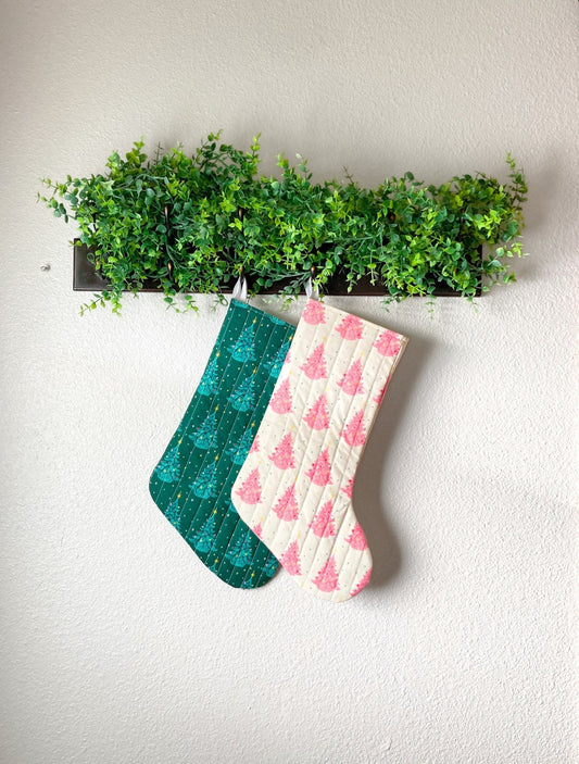 Pastel Pink Mint Evergreen Christmas Stocking | Cotton Quilted | Pinkmas Kitchmas | Retro Classic Holiday | Handmade His & Hers Gift