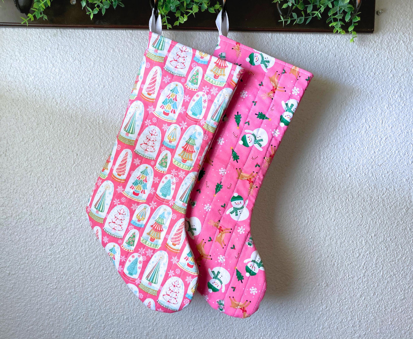 Pastel Pink Christmas Stocking | Cotton Quilted Soft | Pinkmas Kitchmas Wonderland | Snowglobe Snowmen Reindeer | Handmade Cotton Santa Sack