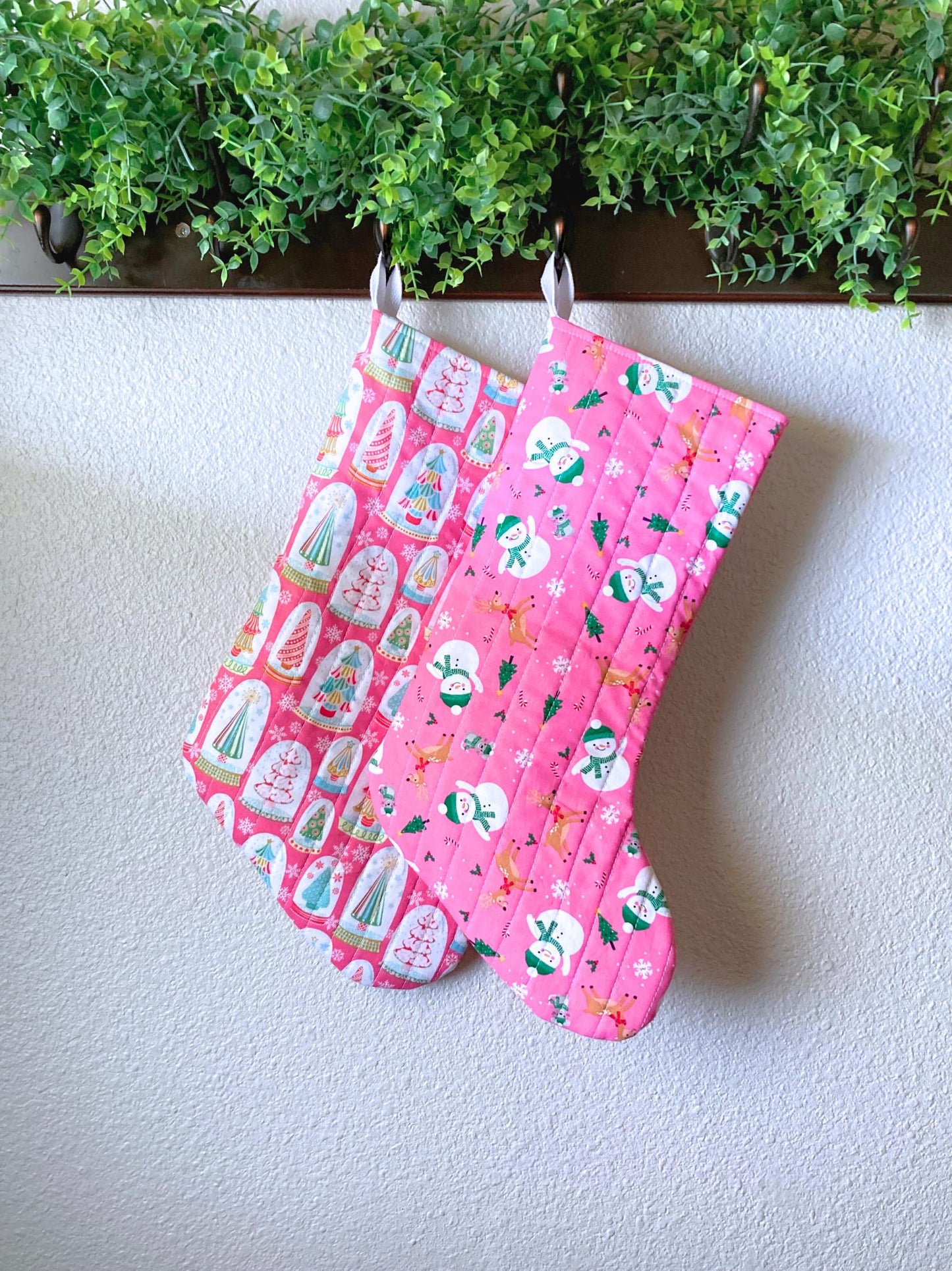 Pastel Pink Christmas Stocking | Cotton Quilted Soft | Pinkmas Kitchmas Wonderland | Snowglobe Snowmen Reindeer | Handmade Cotton Santa Sack