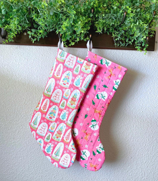 Pastel Pink Christmas Stocking | Cotton Quilted Soft | Pinkmas Kitchmas Wonderland | Snowglobe Snowmen Reindeer | Handmade Cotton Santa Sack